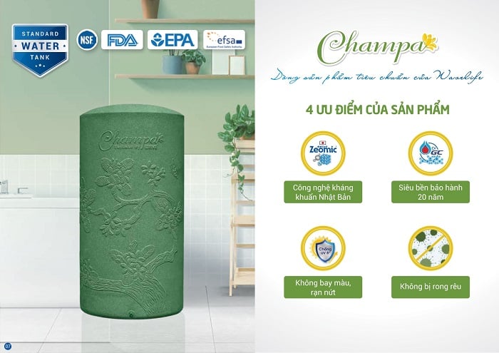 Bồn nhựa kh&aacute;ng khuẩn Champa Bảo h&agrave;nh l&ecirc;n đến 20 năm